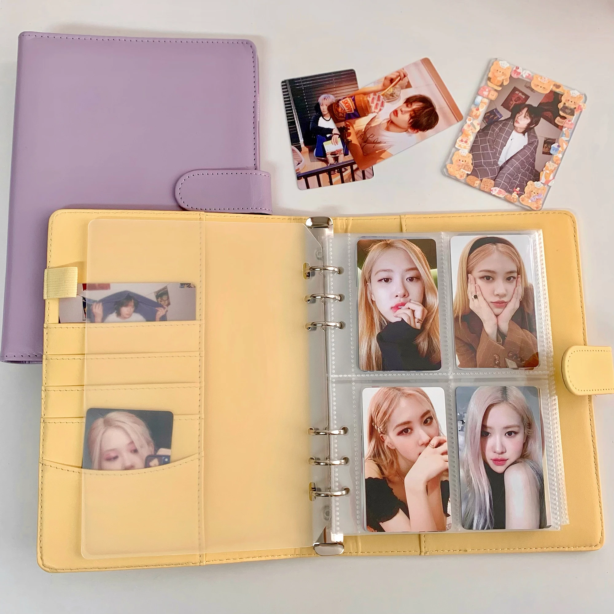 캔디 컬러 A5 Pu 가죽 바인더 포토 카드 커버, 귀여운 케이팝 루스 리프 수집 책 사진 카드 앨범 보관 책 문구
