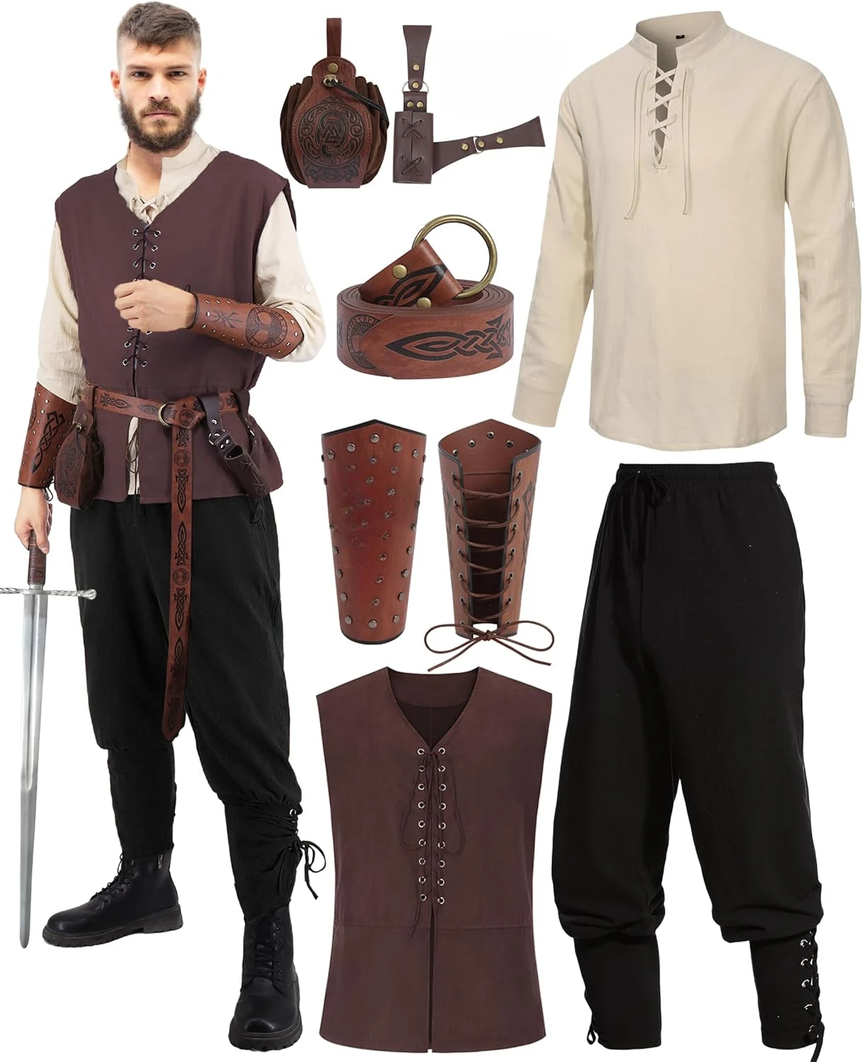 Oumbivil 8-teiliges Renaissance-Kostüm für Herren, mittelalterliches Piraten-Set, Halloween-Kostüm für Erwachsene, Hemd, Wikinger-Weste, Hose mit Zubehör