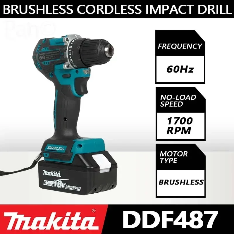 มากีต้า DDF487 สว่านกระแทกไร้แปรงถ่าน 10 มม. 18V แบตเตอรี่ลิเธียมแบบชาร์จได้, สว่านมือสำหรับใช้ในบ้าน, ไขควงไฟฟ้าแรงบิดสูง