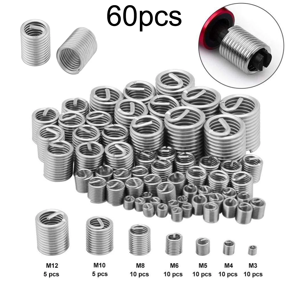 Kit de reparación de roscas de inserción de rosca de alambre, tornillo de alambre en espiral de acero inoxidable de M3-M12 de sujeción para reparación helicoidal, fácil instalación, 60 uds.