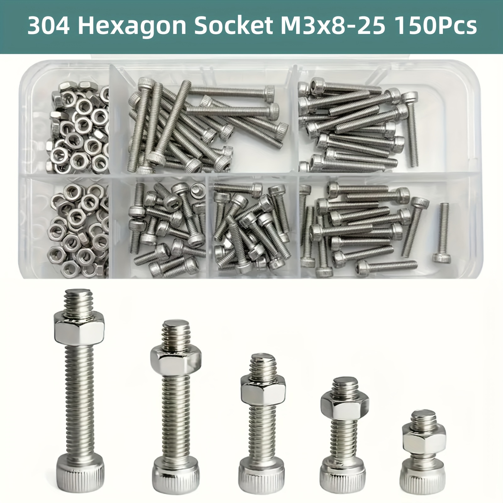 150 pçs/caixa cabeça sextavada 304 aço inoxidável m3 parafuso e porca conjunto hexágono soquete parafusos porcas para pequenos projetos de reparo diy