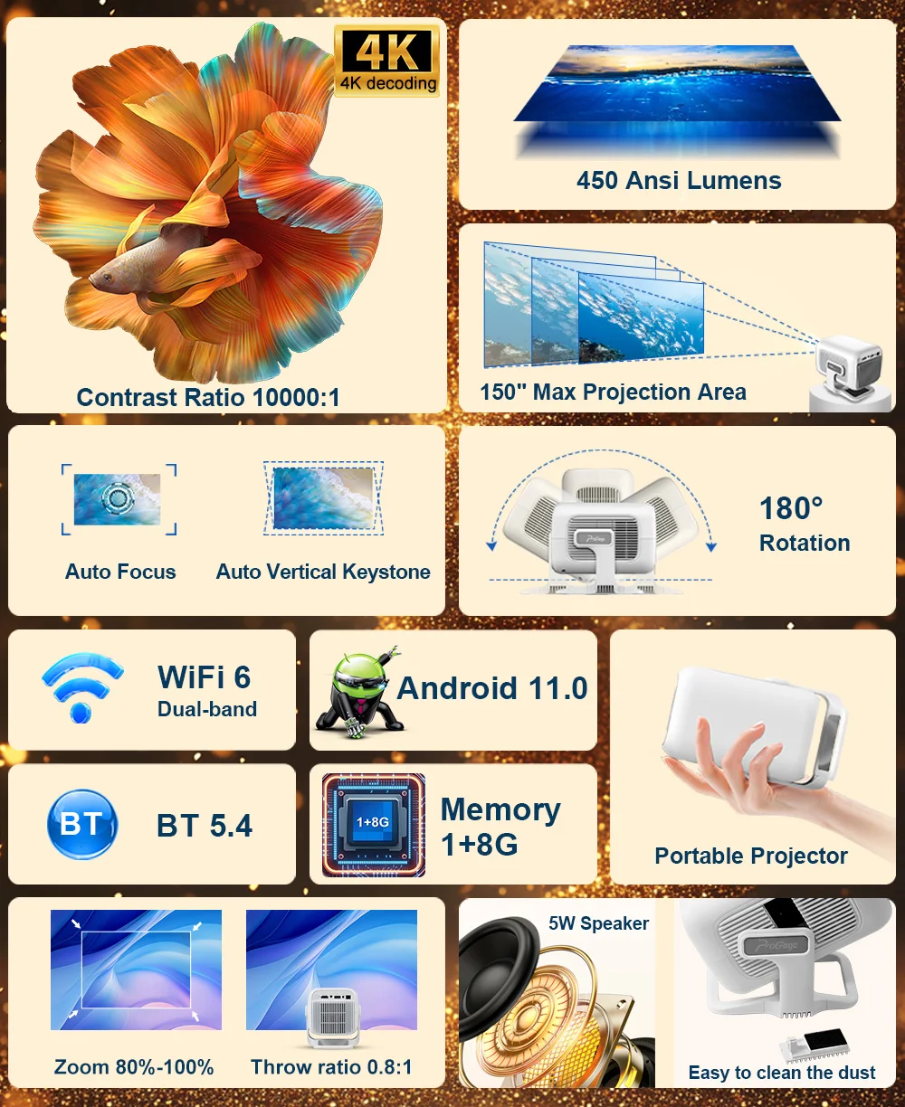 PROGAGA PG370 1080P Full HD Projector For Movie WiFi Android Projector 4K PG370 Smart TV Home Theater Mini Portable Video Beamer