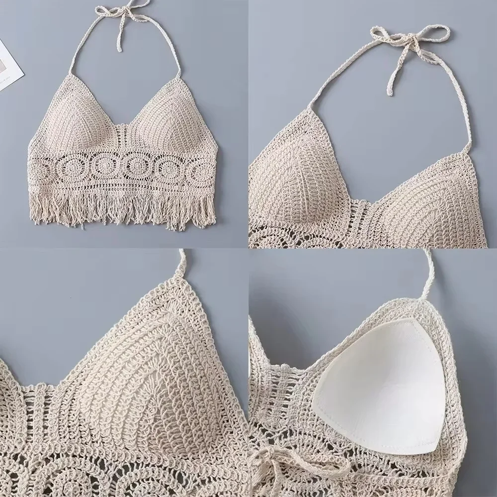 Ropa interior bohemia con flecos y espalda descubierta para mujer, ropa interior con cuello Halter y lazo, chaleco con tirantes y borlas bordadas, camiseta sin mangas corta
