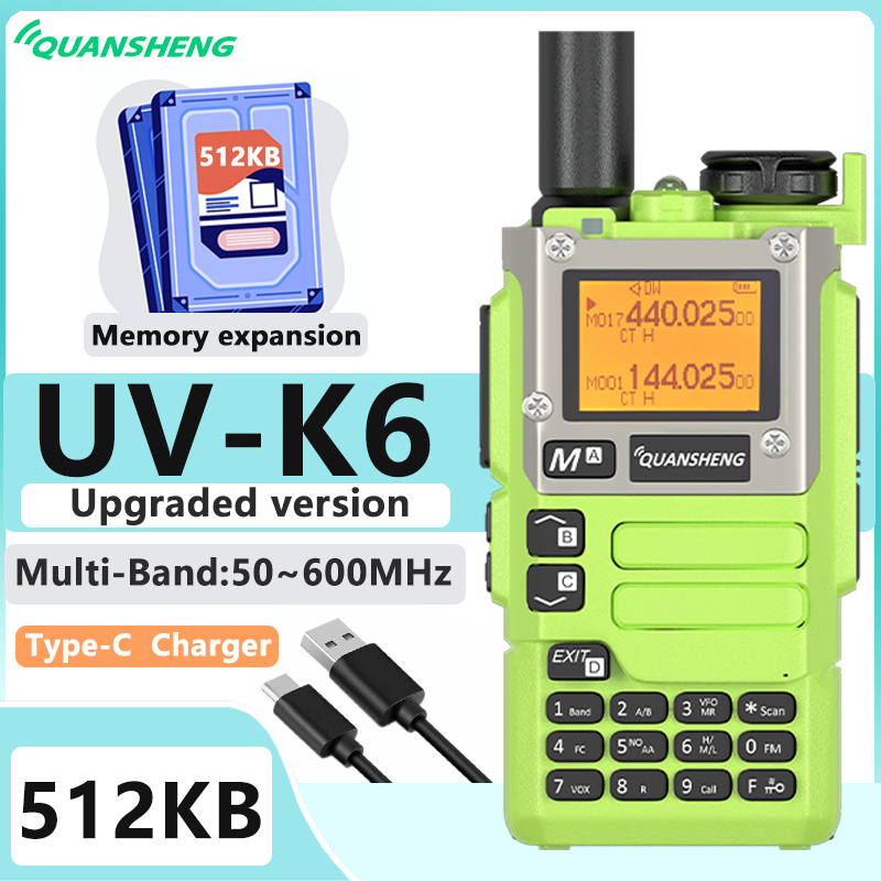 Quansheng – walkie-talkie UV-K6 amélioré, extension de mémoire 512KB, bande complète AM FM type-c, brouilleur NOAA, fréquence sans fil, Radio amateur