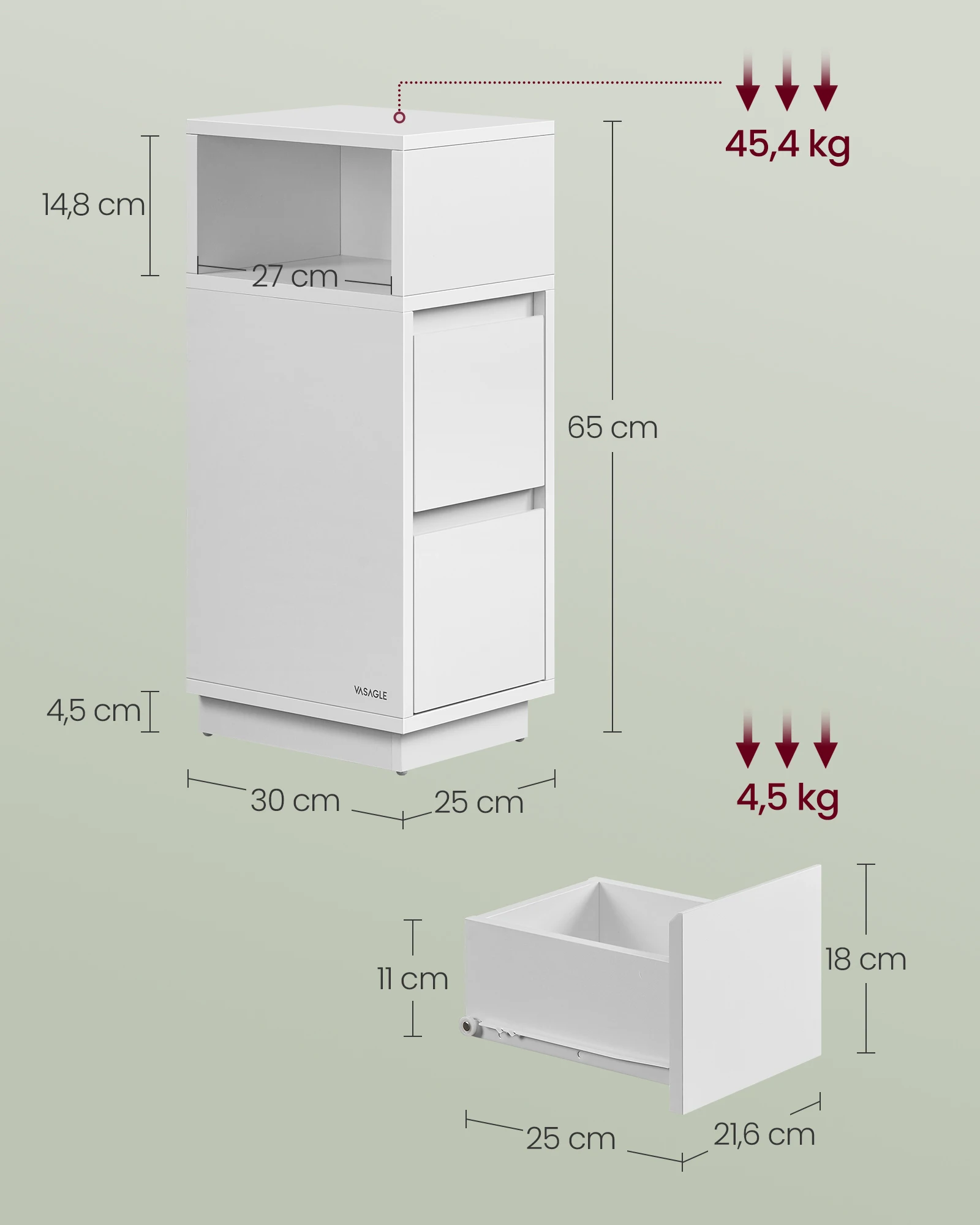 VASAGLE Nachttisch (1-St), 1er Set/2er Set, schmal, Beistelltisch mit 2 Schubladen, offenes Fach