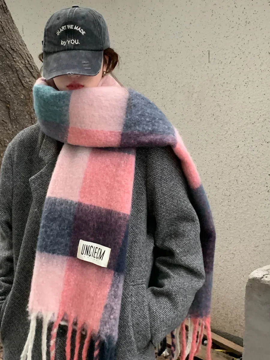 Bufanda rosa de malvavisco para mujer, bufanda a cuadros de arcoíris, bufanda a cuadros para otoño e invierno, Mantón largo, chal grande grueso suave y cálido 2023