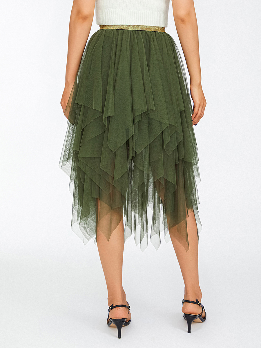 Frauen Grün Midi Röcke Einfarbig Elastische Hohe Taille Unregelmäßige Rüschen Multi-Layered Tüll Tutu Röcke Weibliche Hohe Streetwear