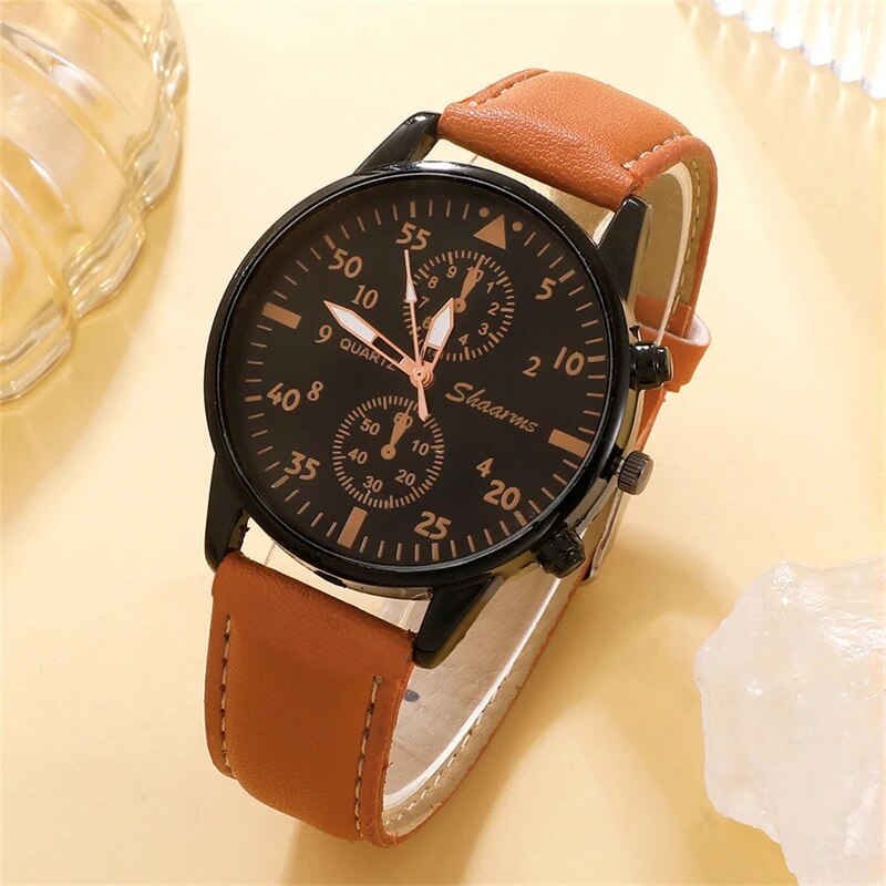 New Men Watch Luxury Bracelet Set Fashion Business Brown Leather Quartz Relógios de pulso para homens Gift Set Relogio masculino