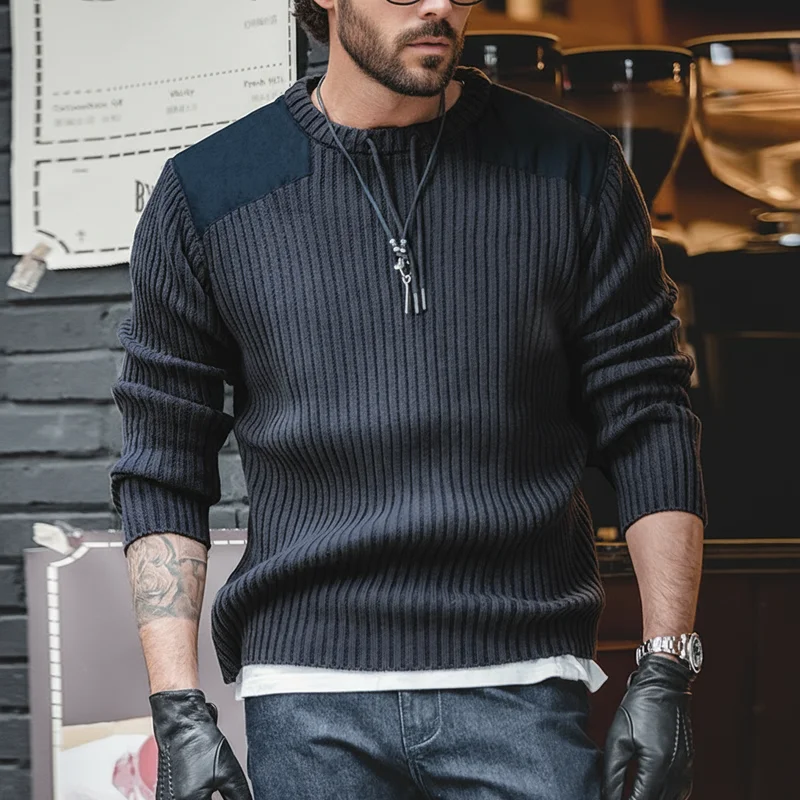 Maden Vertikal gestreifter Pullover O-Ausschnitt Slim Fit Herren Retro Strickpullover Patch Stitching Design Klassische Pullover Herrenbekleidung