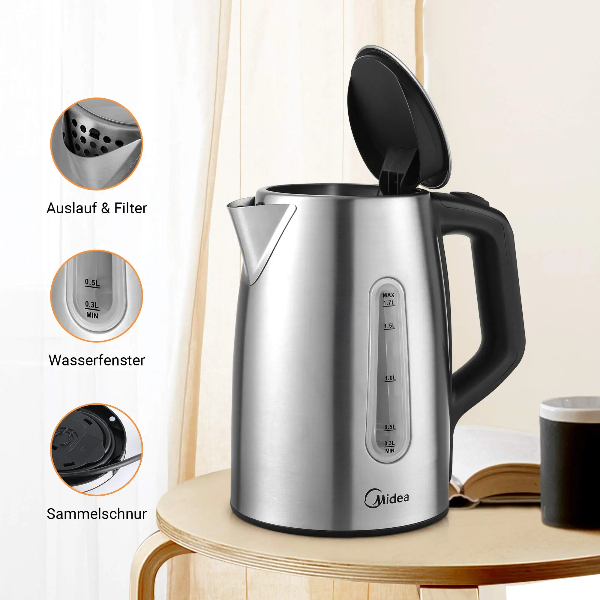 Hervidor Midea con ajuste de temperatura (40, 60, 70, 80, 90, 100 grados C), acero inoxidable 1,7 litros, MKE17H1ASS-S