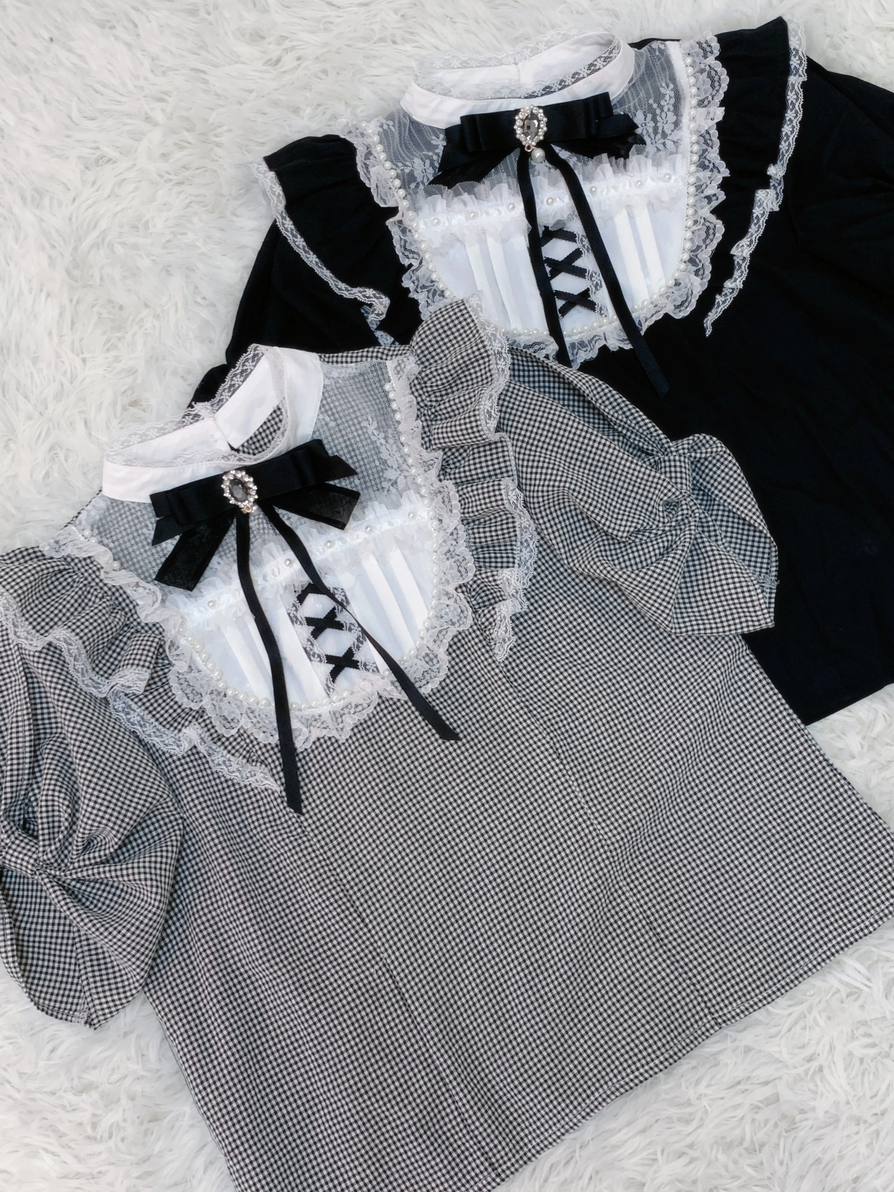 Blus Produksi Massal Gaya Tambang Jepang Atasan Kaus Serbaguna Lolita Lucu Manis Lengan Puff Busur Kerah Berdiri Sambungan Renda Wanita