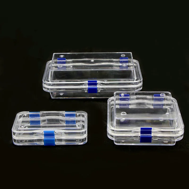 Scatola di plastica trasparente per protesi, scatola per protesi, con membrana a pellicola, cerniera colorata per corone e ponti