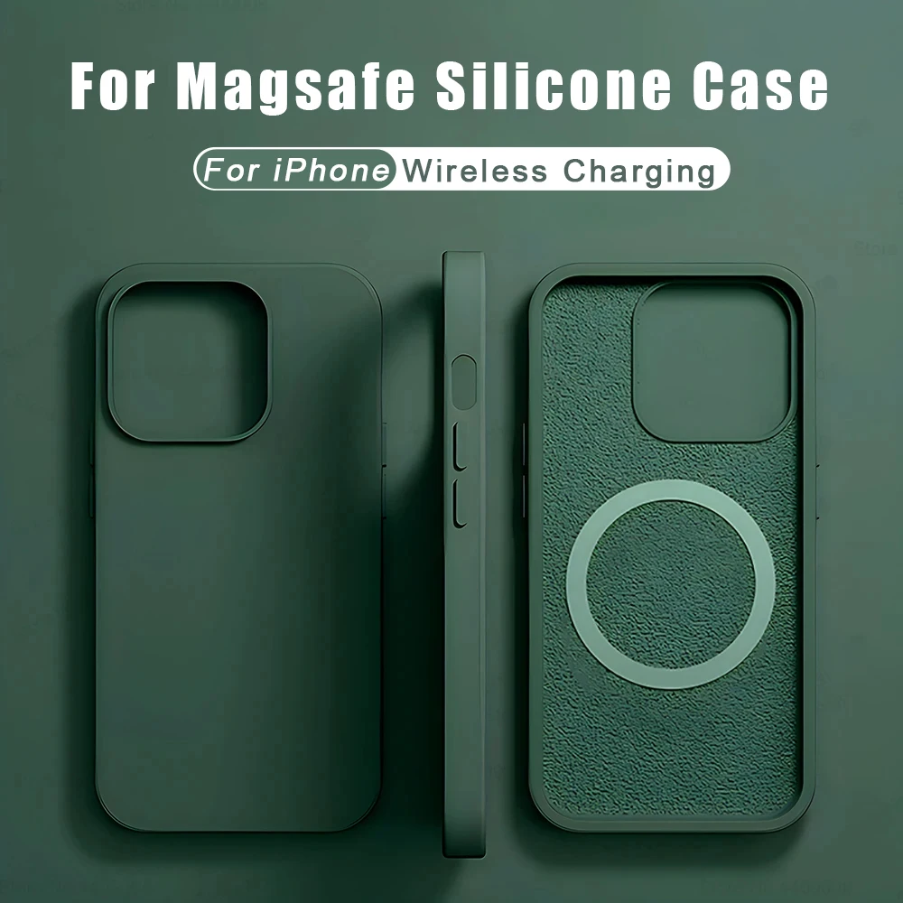 Per custodia in Silicone liquido For Magsafe per For iPhone 15 14 13 12 11 Pro Max Plus ricarica Wireless Cover posteriore morbida accessori antiurto