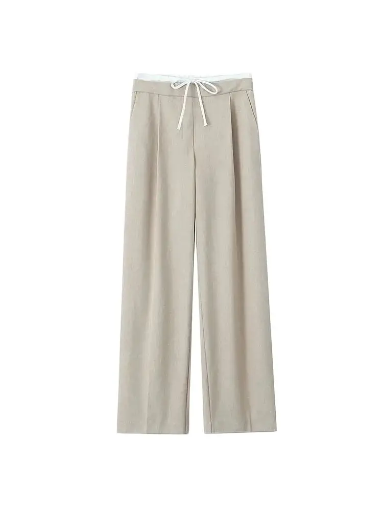 Calças femininas de cintura dupla com pernas largas, cintura alta elástica com cordão, bolsos laterais, calças femininas, moda chique