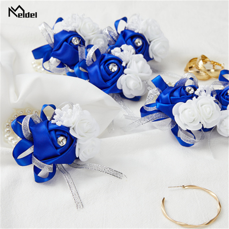 ชุด6 Royal Blue สีชมพูสายรัดข้อมือดอกไม้สำหรับงานแต่งงานพรหมเจ้าสาวสาวแม่ Rose สร้อยข้อมือดอกไม้