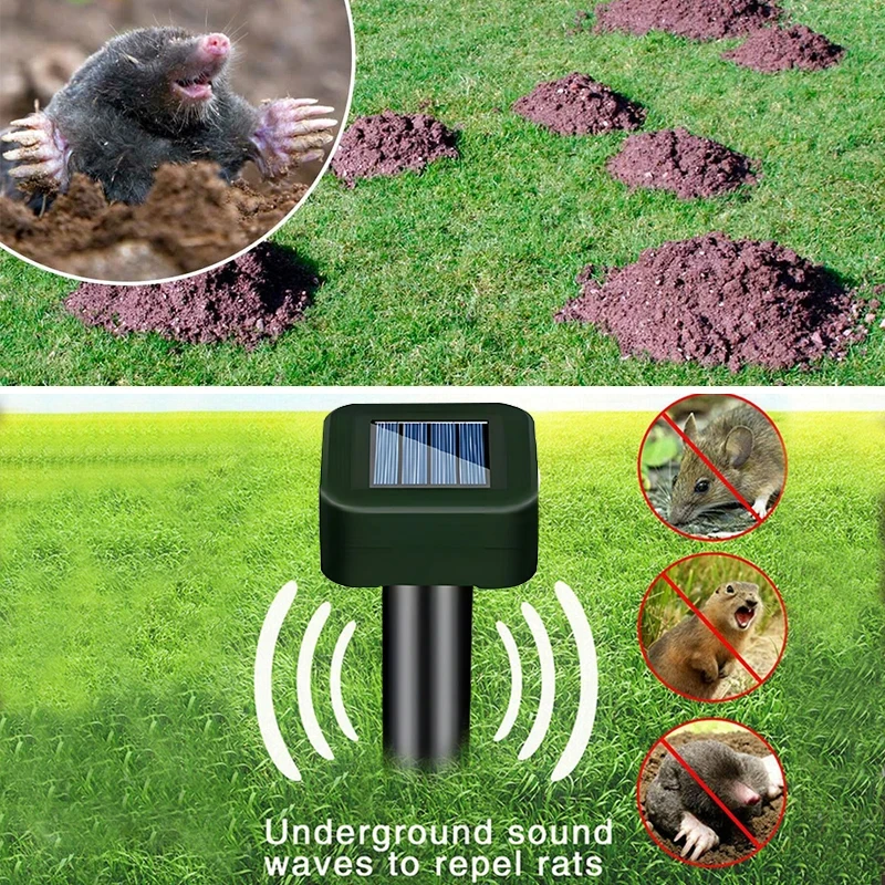 2Pcs Solar Outdoor Mole Groundhog Repellent Stakes Ultrasonic Gopher Repeller Vole Reperrent Waterproof Sonic Repellent Spikes
