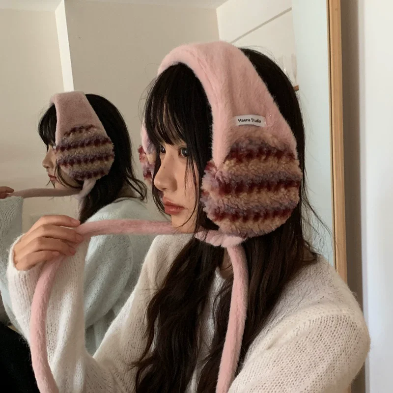 Orejeras de felpa tejidas a mano para mujer, color rosa dulce coreano, para viajes de otoño e invierno, accesorios para el cabello cálidos y versátiles