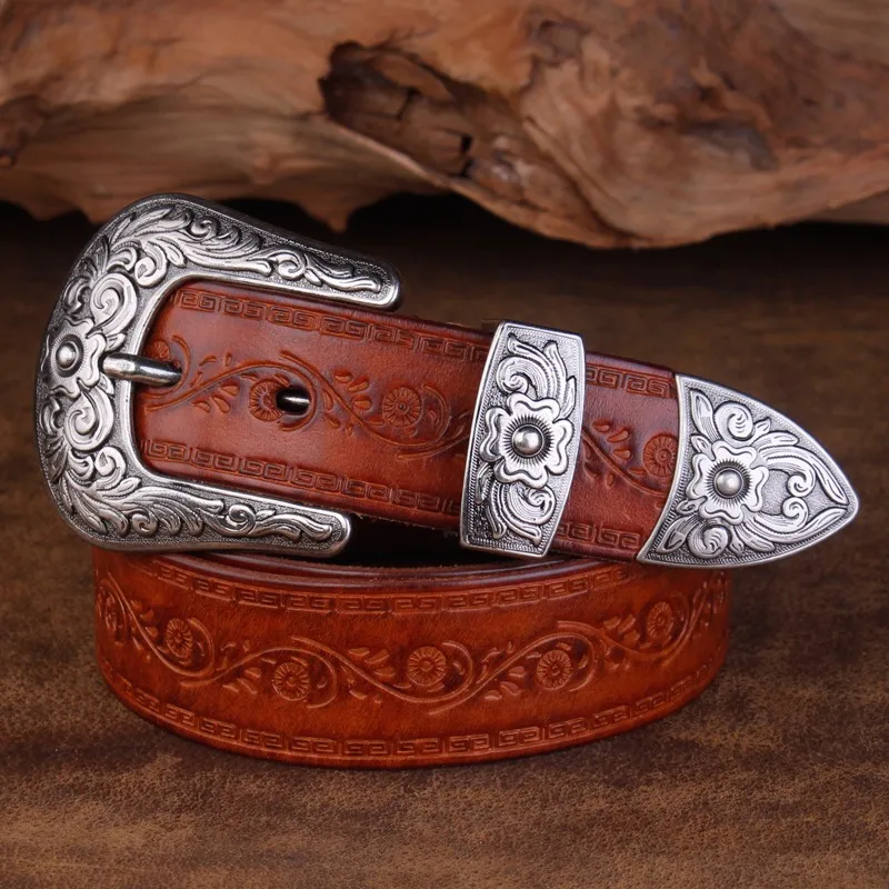 Cinturón con hebilla de acero de vaquero occidental en relieve estilo clásico de alta calidad, cinturón de diseñador de cuero genuino para hombres, cinturones vaqueros Punk para hombres