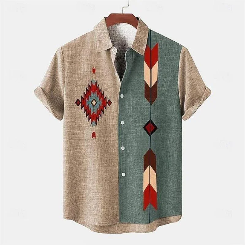 Camicia a maniche corte in cotone e lino 3D alla moda e minimalista, comoda vendita calda in estate e autunno, tribale africano