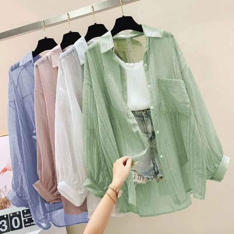 Ropa de protección solar para mujer, camisa de gasa con perspectiva de corte fino, top holgado coreano Harajuku, cárdigan informal para mujer