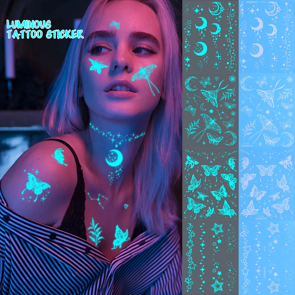 Tatuagem temporária luminosa à prova d'água, adesivo borboleta, estrela, lua, brilho, flash, mulheres, homens, braço, transferência descartável, tatuagem falsa
