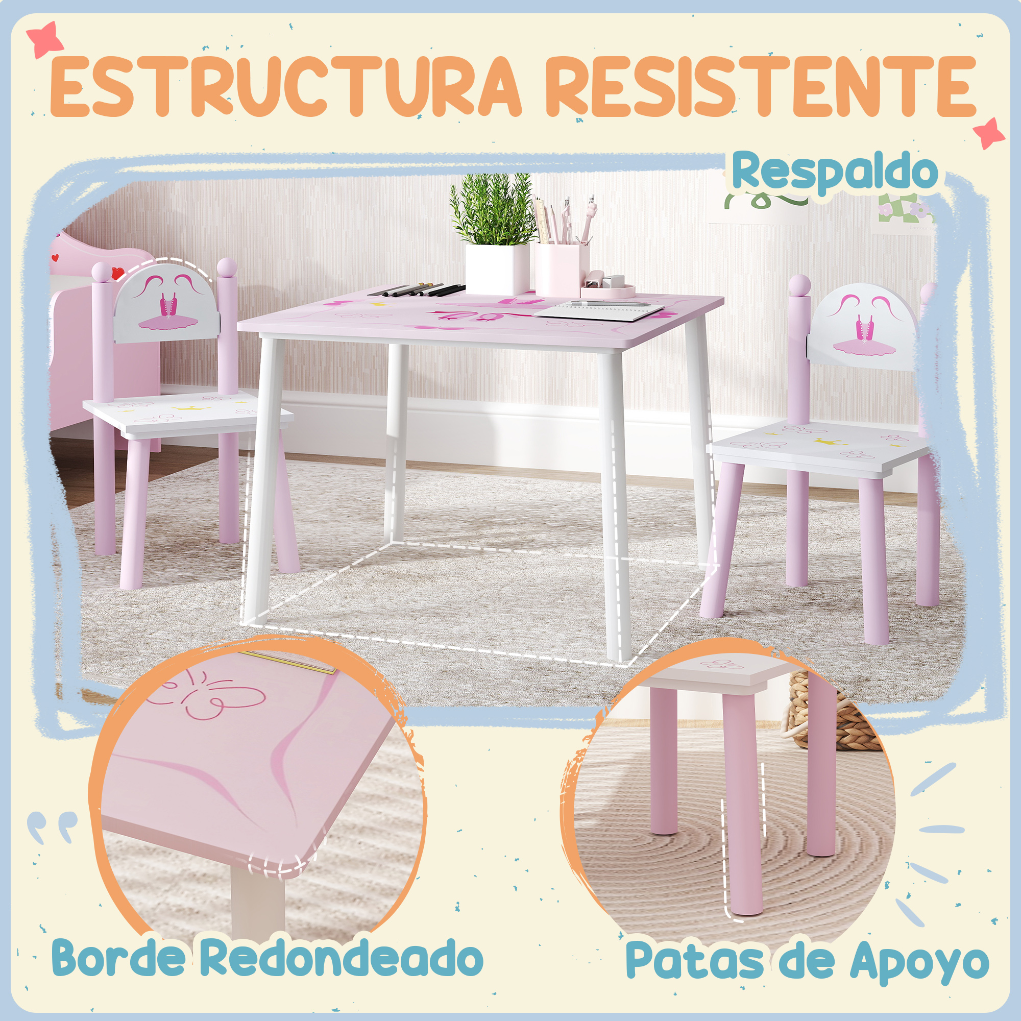 Aiyaplay Table et chaises pour enfants de 2 à 5 ans rose et blanc