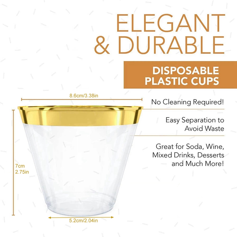 12 PCS Plastic Cup 9 Oz Hard Disposable Cup Plastic Wine Glass Party Wedding Wine Glass Transparent Plastic Cup -Gold Rim