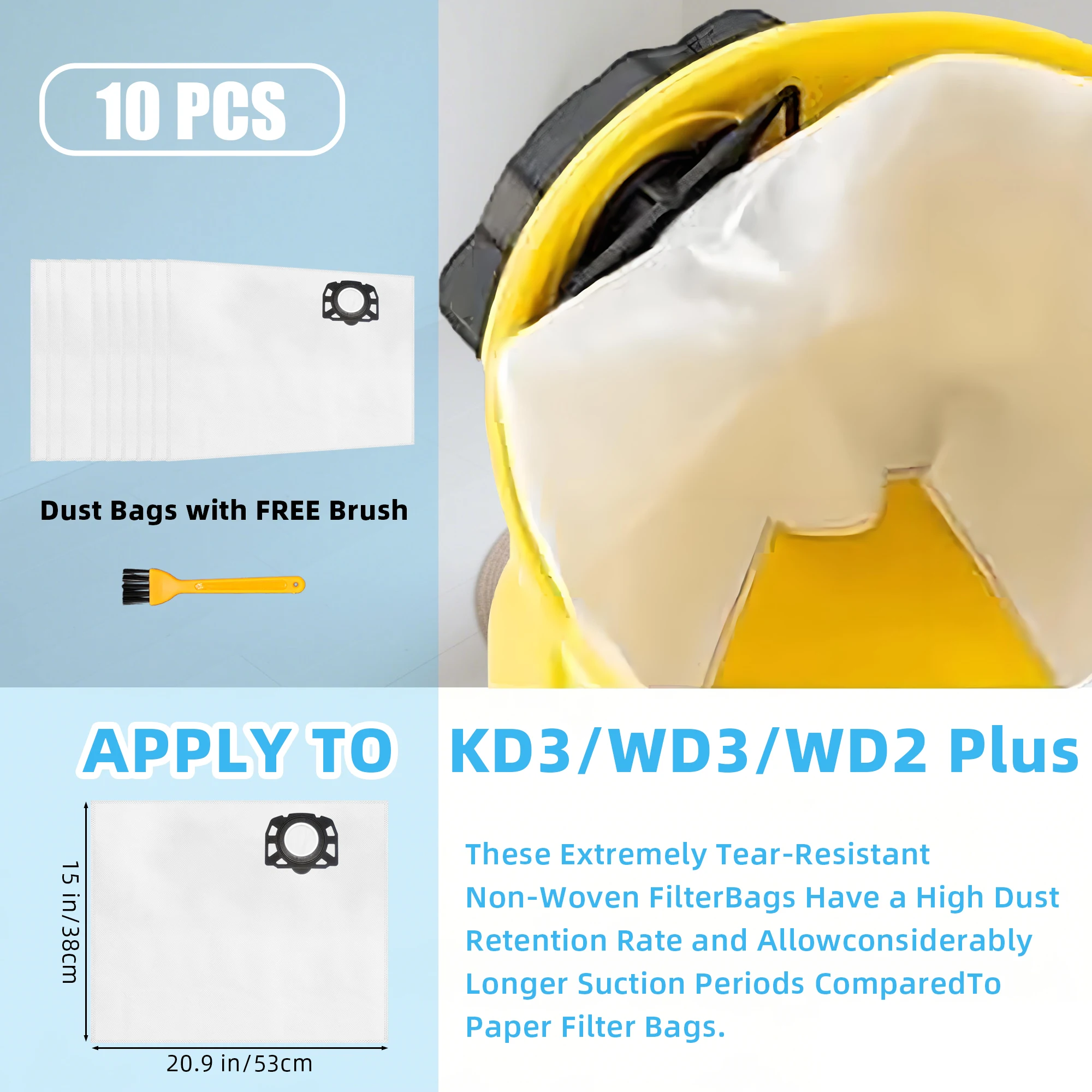 แพ็ค 10 KFI 357 ถุงสูญญากาศสำหรับคาร์เชอร์ WD3s WD 3 V-17/4/20 2.863-314.0 WD2 Plus KWD 3 KWD1-2 SE 4001 Plus