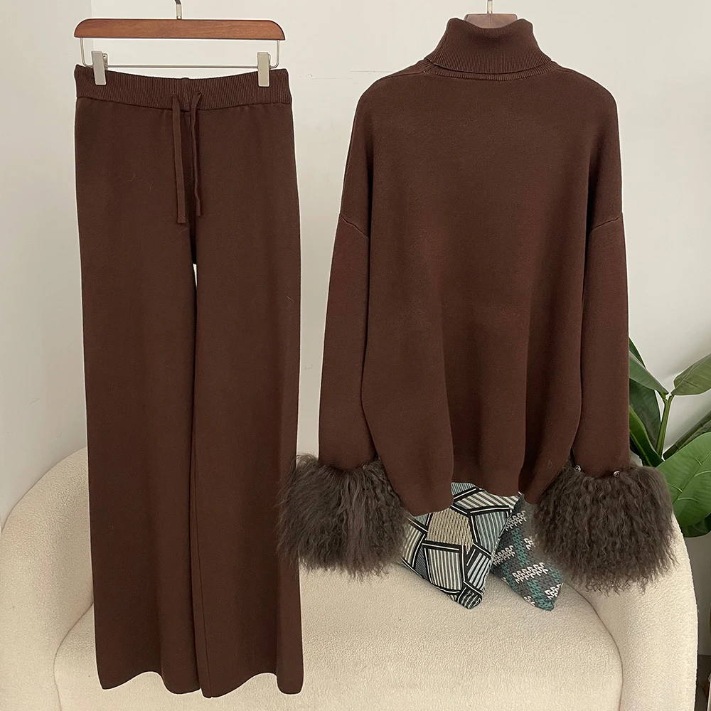 Oftbuy pulôver e calças de malha de lã e mistura conjunto de suéter feminino com punhos de pele de ovelha mongol real terno de malha de alta qualidade