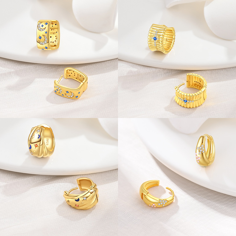 Retro 925 Sterling Silver Colored Starry Gold Square Hoop Earrings for Women's Wedding Parties Jewelry Accessories S925