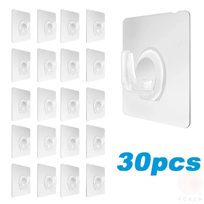 30PCS Hooks ผนังโปร่งใส Strong Self กาวผ้าเช็ดตัวประตูแขวนผนังแขวนห้องครัวอุปกรณ์ห้องน้ํา Hooks