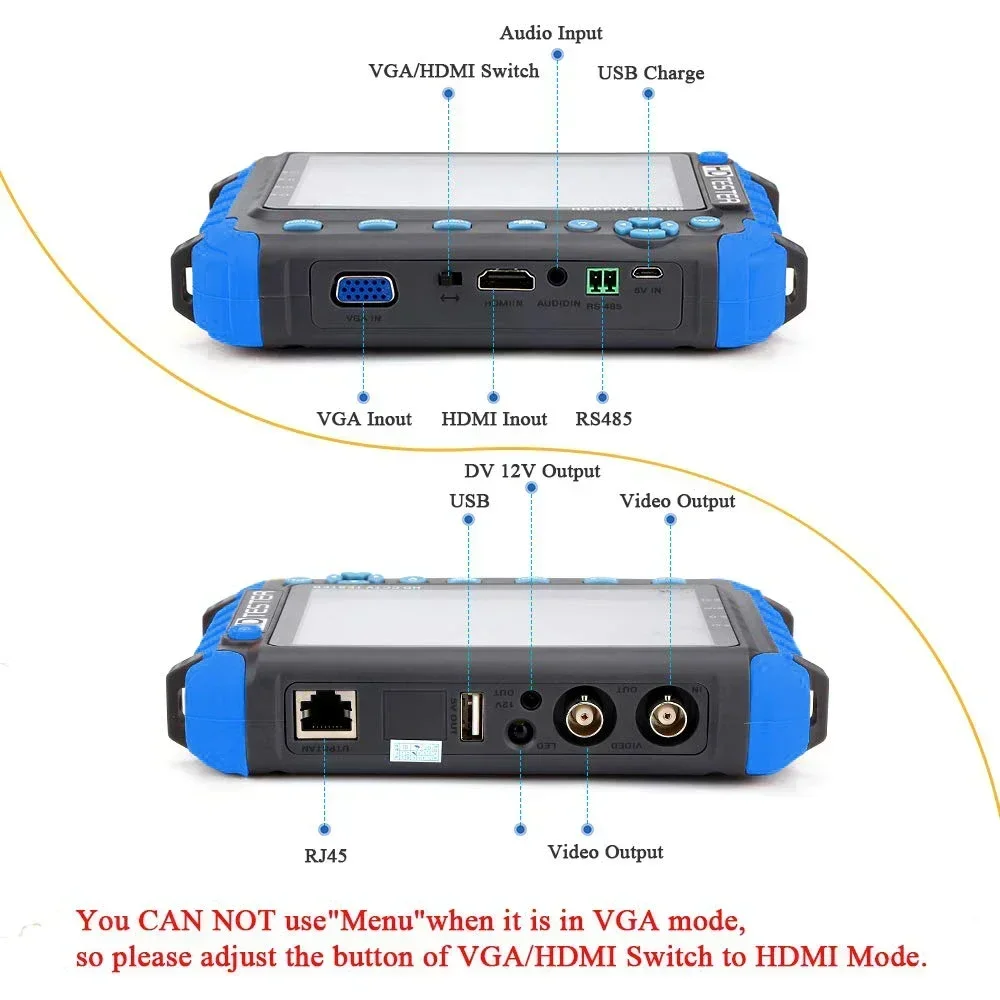 Pegatah เครื่องทดสอบกล้อง IV8W 4K, จอภาพ CCTV ขนาด5นิ้ว8MP ahd/cvs/tvi CVBS เครื่องทดสอบกล้องอะนาล็อกพร้อมเสียง HDMI VGA input UTP cftv