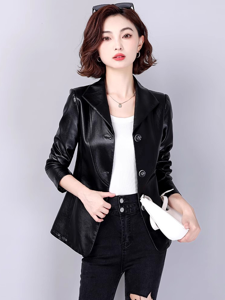New Women Leather Jacket Spring Autumn Fashion Elegant Turn-down Collar Office Lady Slim Blazer Split Leather Short Coat