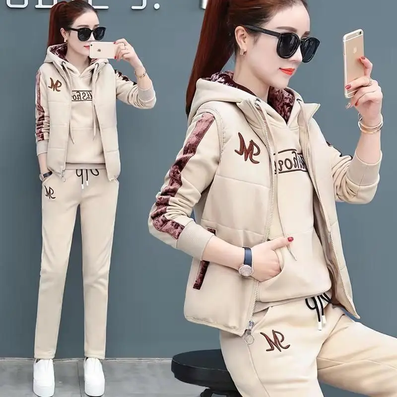 Traje de sudor informal para mujer, Tops con capucha gruesos de felpa a la moda, chaleco, pantalones, conjunto de 3 piezas, otoño e invierno, 2022
