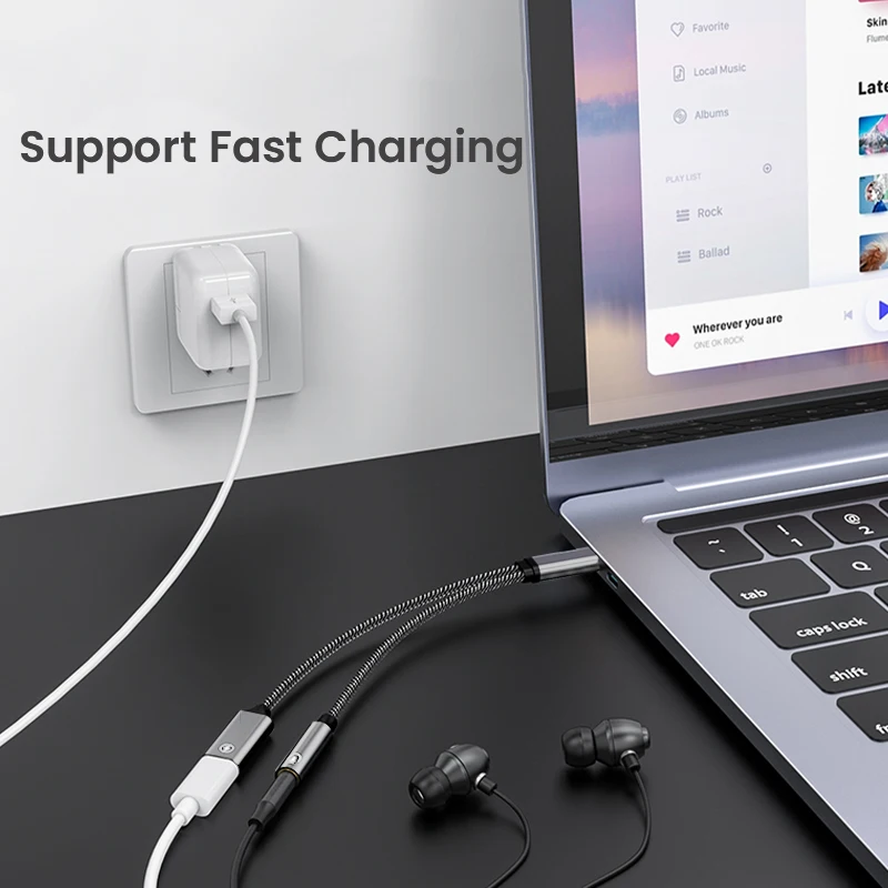 2 In 1 Type USB C To 3.5mm Jack Earphone Charging Cable Converter Type C to 3.5 Audio OTG Adapter for Macbook Air Samsung Huawei