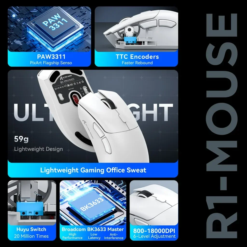 ATTACK SHARK R1 1000 Hz kabellose Bluetooth-Maus 18000 dpi PAW3311 Tri-Mode-Bluetooth 2,4 G USB-Verbindung Makro-Gaming-Maus