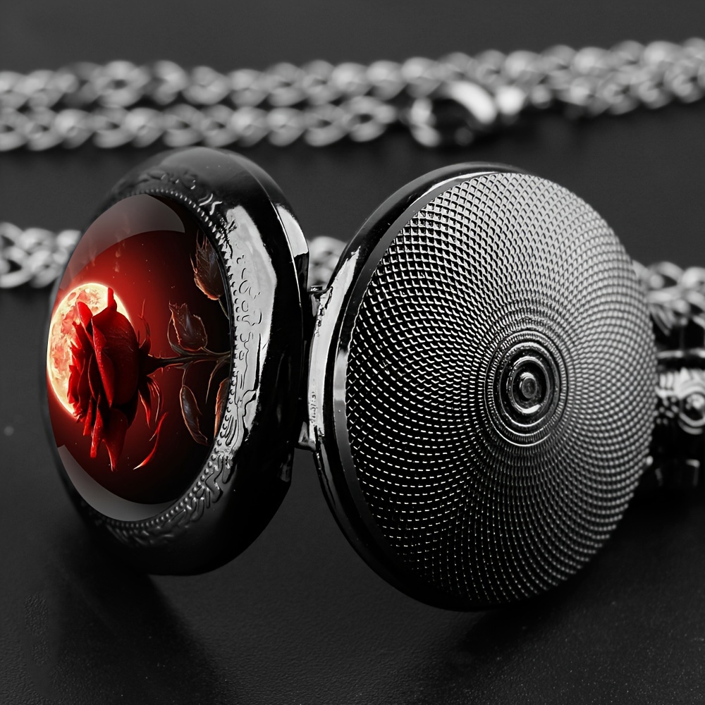 Orologio da tasca con movimento al quarzo con fiore rosa e luna, squisito ed elegante orologio a catena con collana nera, ottimo regalo per donne, signore e ragazze