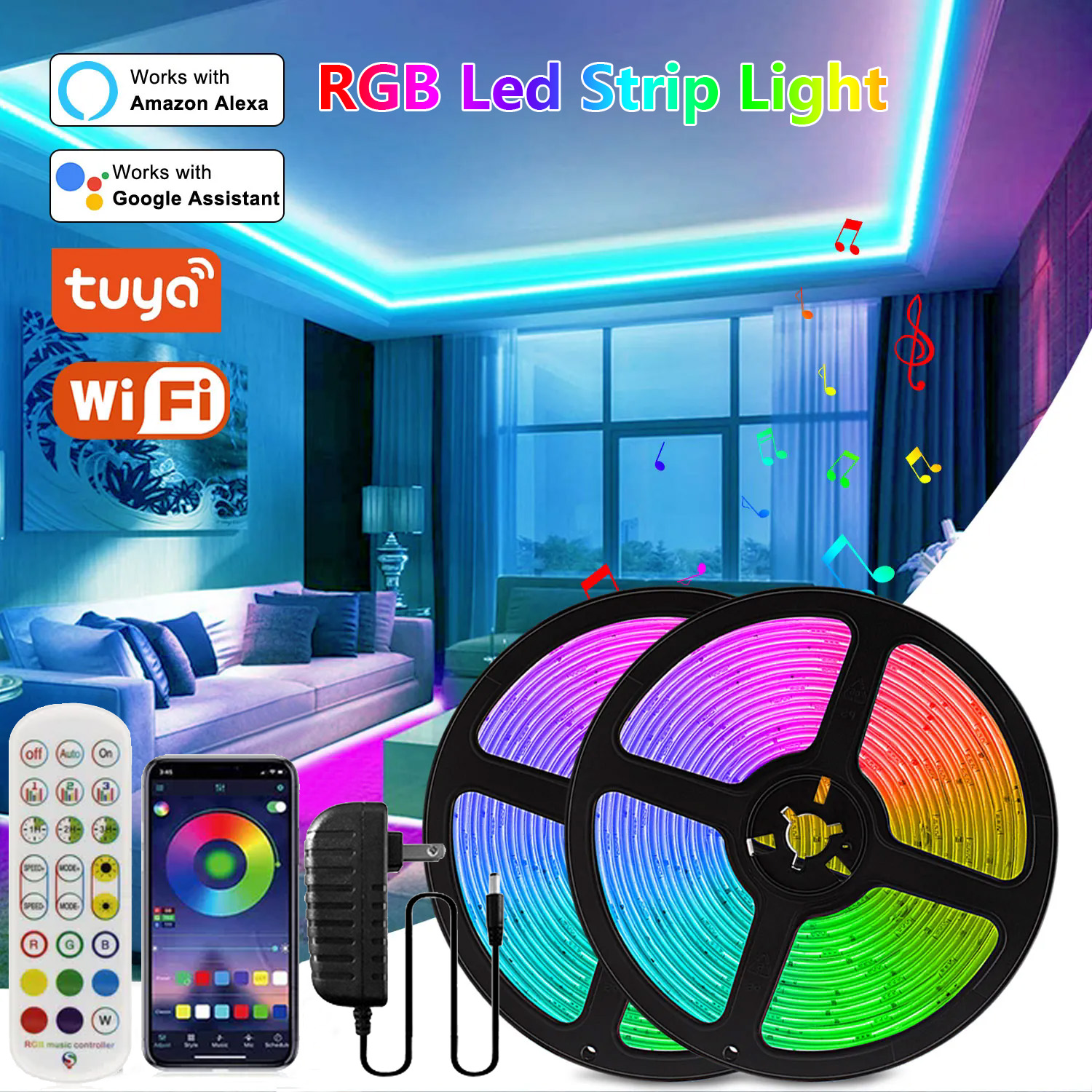 Tira de luces LED RGB Tuya WiFi Control luz LED DC 12V 5050 sincronización de música cambio de Color cinta lámpara cinta decoración de habitación iluminación