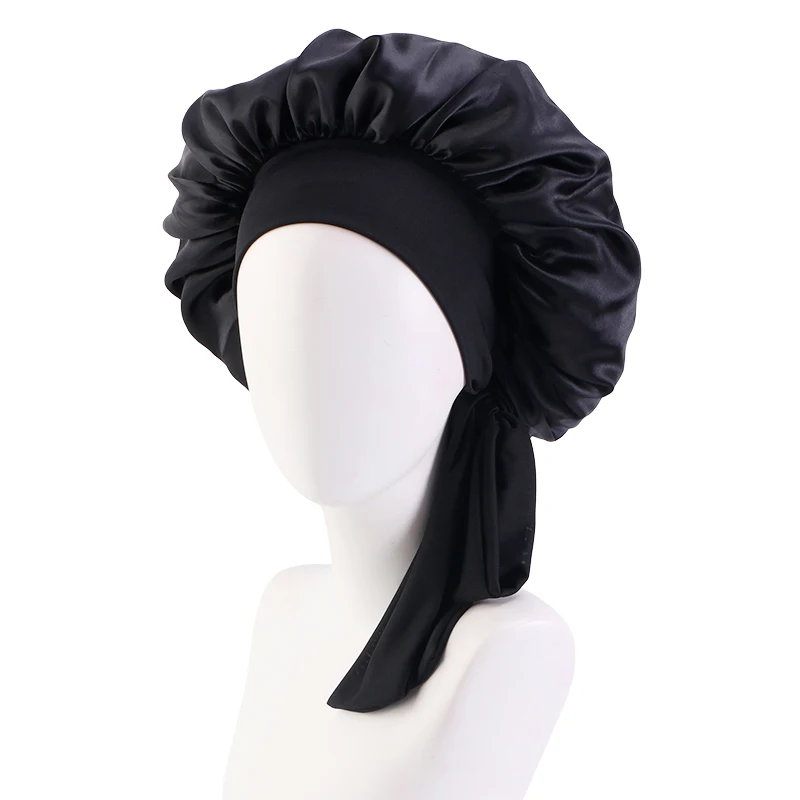 Novo chapéu de dormir feminino de cetim sólido com faixa de gravata elástica touca de banho noturna ajustável capa de cabeça de cabelo turbante