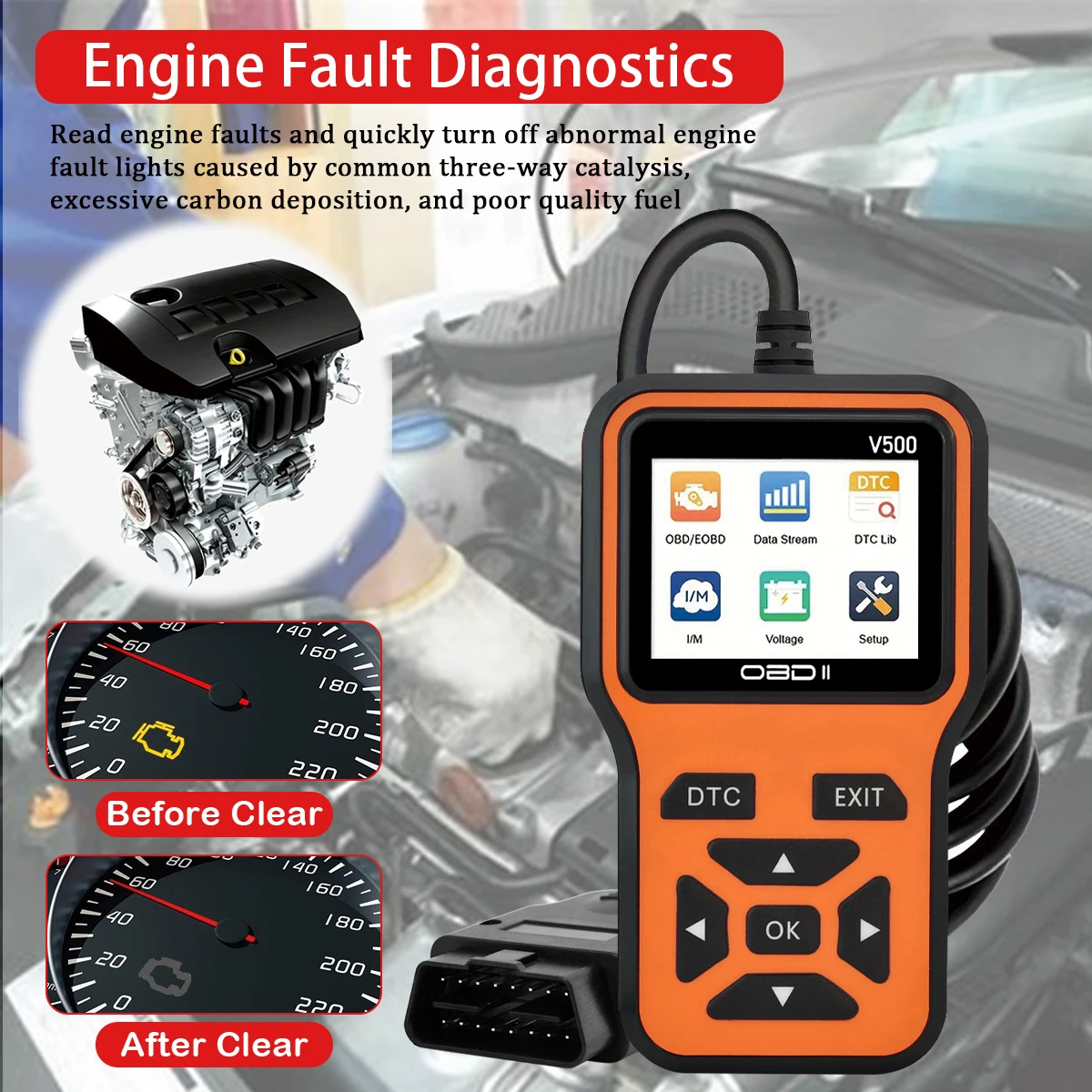 รถOBD2 เครื่องสแกนเนอร์เครื่องมือวินิจฉัยรหัสReader,เครื่องทดสอบแรงดันไฟฟ้าเครื่องยนต์Fault Code Scanner,ชาร์จเครื่องทดสอบเครื่องมือวินิจฉัยV500