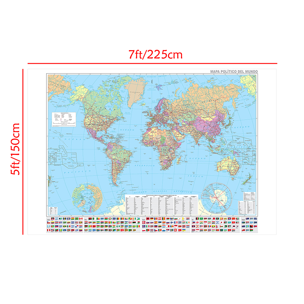 225*150cm 스페인어 세계지도 부직포 캔버스 회화 포스터 장식 매달려 그림 홈 장식 학교 용품