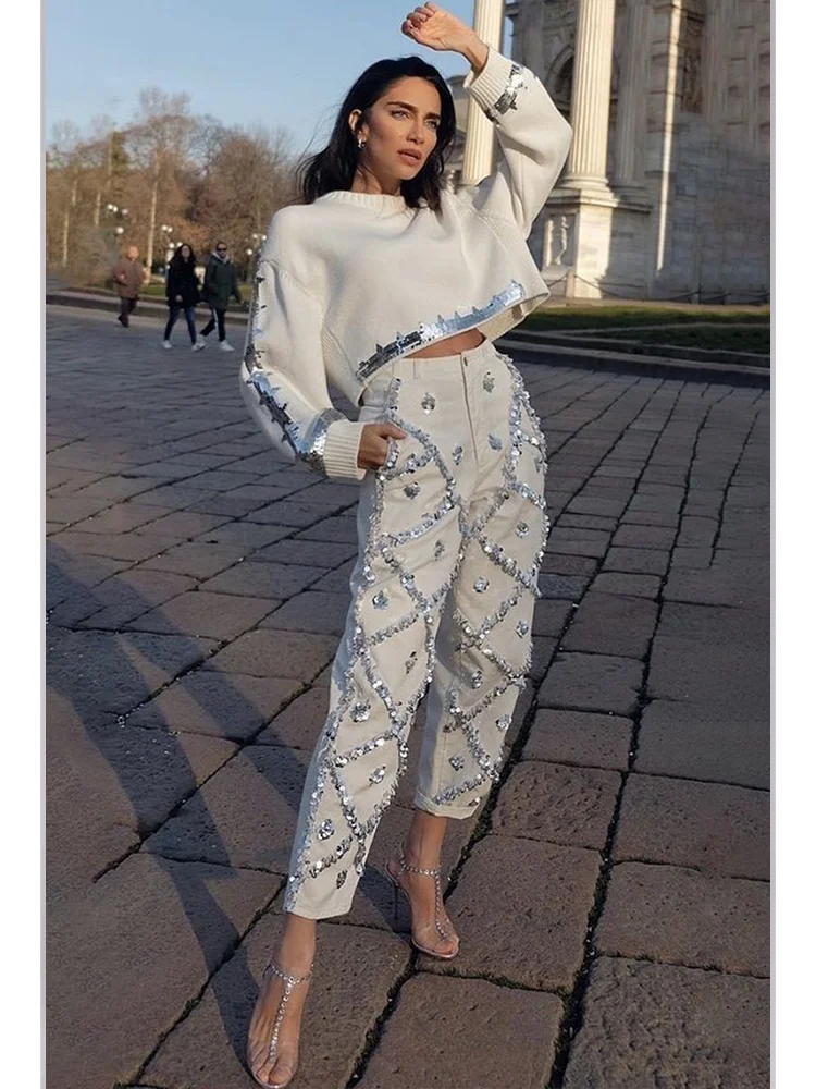Cekinowy wystrój Proste nogawki Dżinsy dla kobiet Wysoki stan Eleganckie, codzienne kieszenie Vintage Diamentowe dżinsowe spodnie ołówkowe