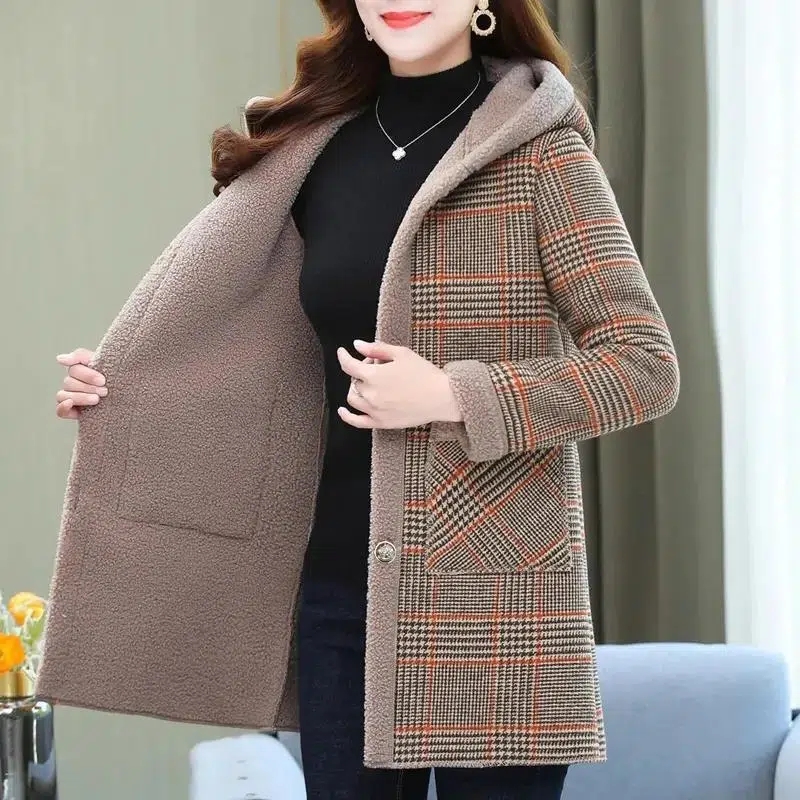 Manteau à Carreaux en Velours pour Femme, Veste Rembourrée en Coton, Mi-Longue, à Capuche, Chaud, Hiver