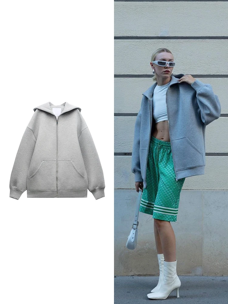 Moda feminina Casaco com capuz outono e inverno Cinzento Manga comprida com bolso e fecho de correr Casaco casual para mulher