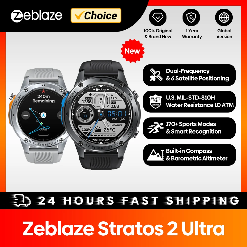 Nieuw Zeblaze Stratos 2 Ultra GPS Smart Watch Ingebouwd kompas Barometrische hoogtemeter Dual-band GNSS Spraakoproepen Smartwatch 10 ATM