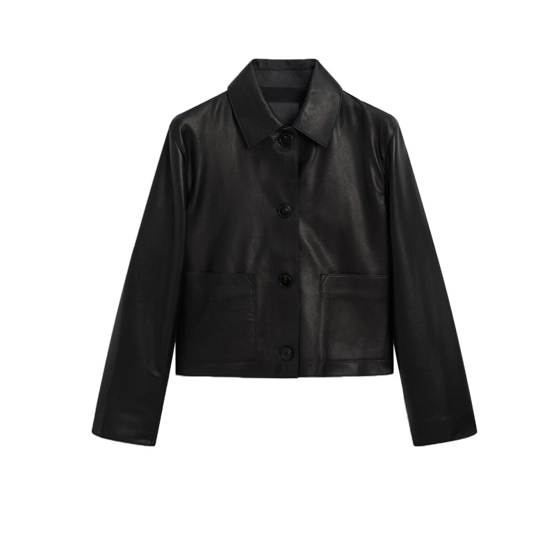 エレガントなブラック PU レザージャケットショートアウターレディーススタイル春新着ファッショナブルな通勤に適した長袖コート