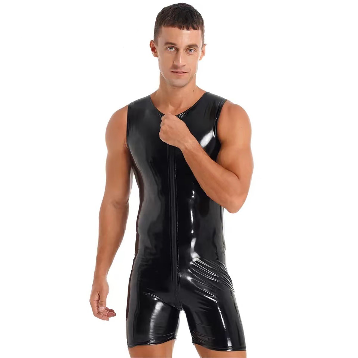 Macacão masculino espelho de couro brilhante macacão sexy zíper calças de couro masculino