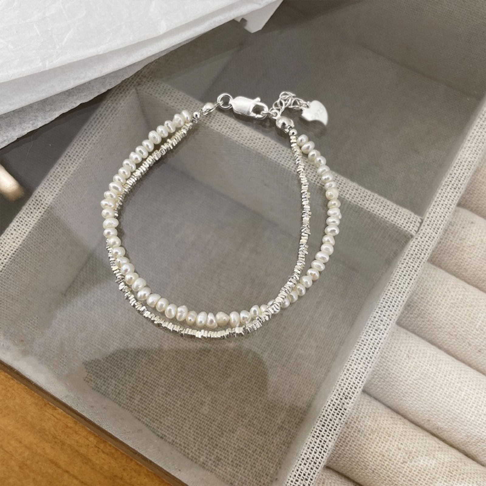 925 Silver Double Layer Pearl Bracelet for Women Girl Design Bead  Jewelry