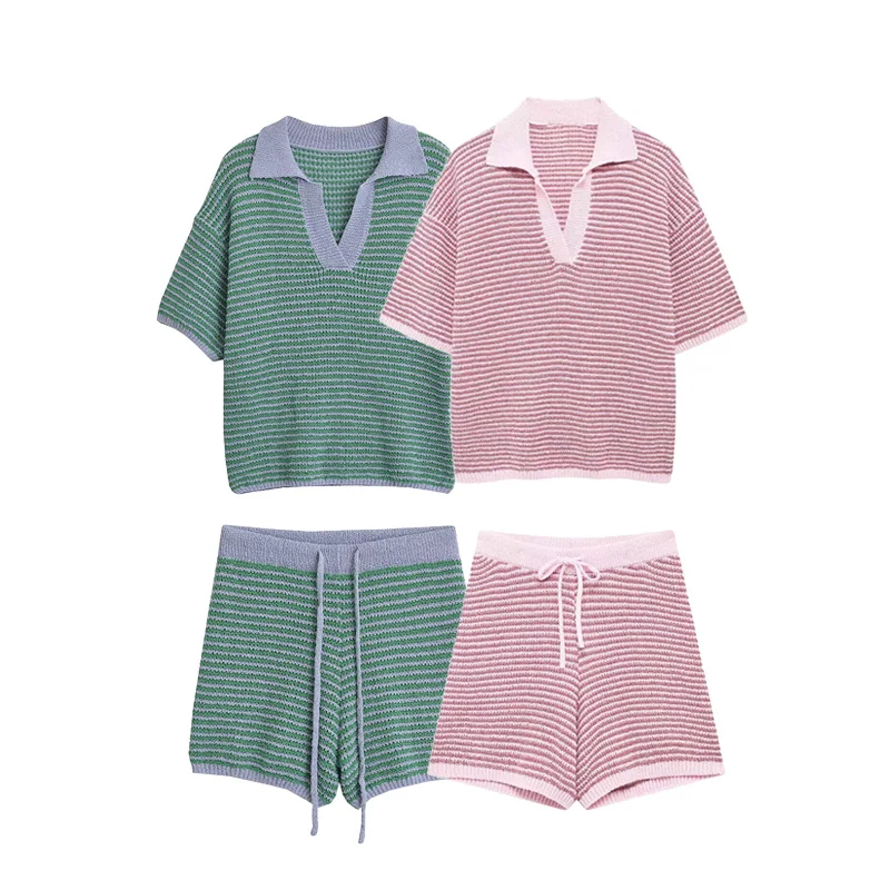 KUCLUT Hoge Taille Gebreide Shorts Sets Voor Vrouwen 2-delige Mode Polo-hals Damespak Tweedelige Set Dames Outfit