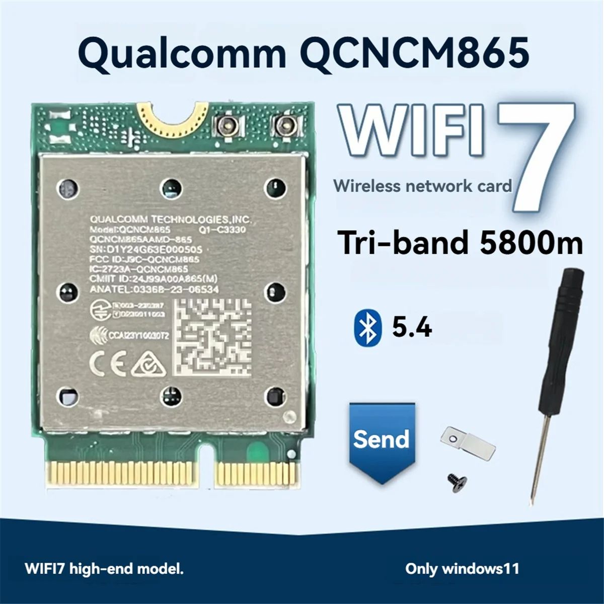 Tri Band WiFi7 QCNCM865 Bluetooth 5.4 Wireless WiFi Card Tri Band 2.4G/5G/6Ghz Network Wireless Adapter for Win11
